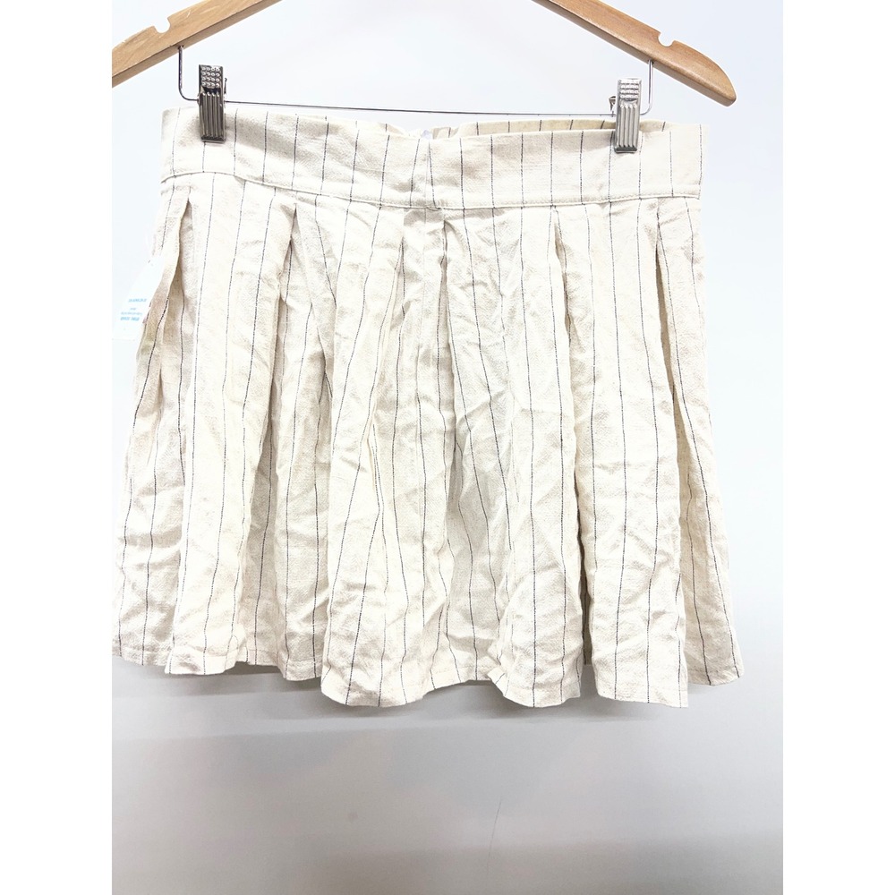 Love 83 Womens Linen Blend Pinstripe Pleated Mini Skirt Cream Navy Size L